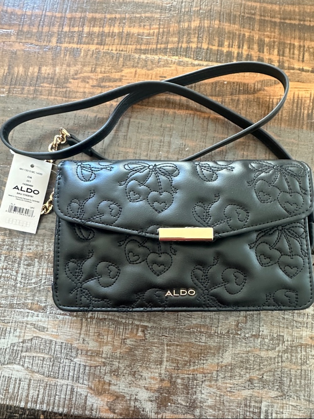 ALDO Black Quilted Cherry Heart with Bows Pattern Crossbody with Gold Accent